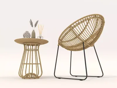 Rattan Coffee Table and Chair Set 3D model