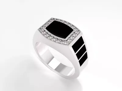 Men Opal Signet Ring 3D Model - Diamond Halo - Print Ready 3D print model