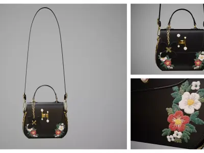 Flower Black handbag with flower embroidery  3D model