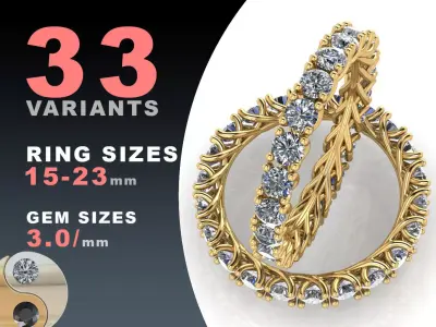 Eternity diamond rings 3mm gems set 3D print model
