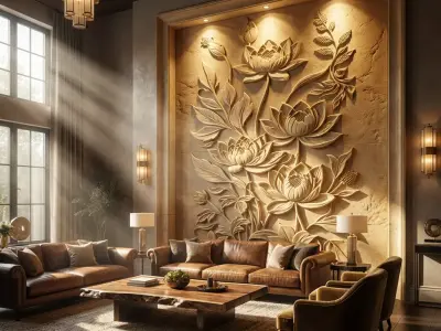 Lotus flowers wall art set relief STL panel carving CNC 271 3D model