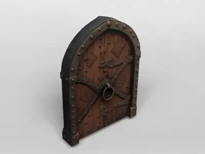 Medieval Arched Wooden Door with Iron Reinforcements 3D model
