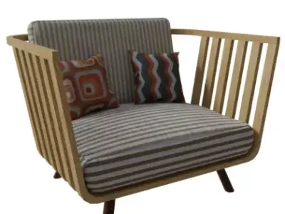 Armchair wooden chair with striped pillows Low-poly 3D model