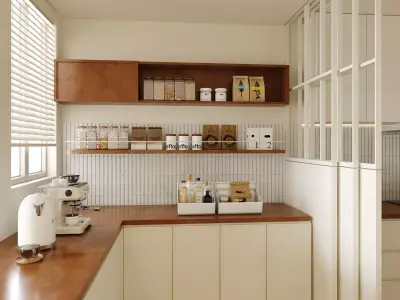 Scandinavian Japandi Kitchen and Living Area with Coffee Bar 3D model