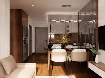 Apartment modern kitchen and dining room in 3D model