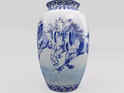 Chinese Blue and White Porcelain Vase - Horses Low-poly 3D model