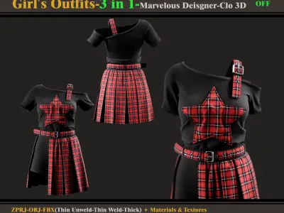 3 in 1 Girls Outfits- MD-Clo3d -OBJ - FBX -Materials-Textures 3D model