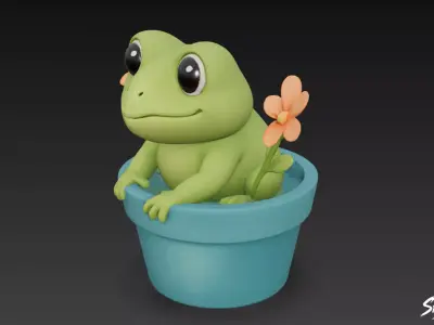 Frog in Flower Pot Low-poly 3D model