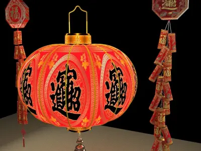 Chinese red lantern with firecracker 3D model