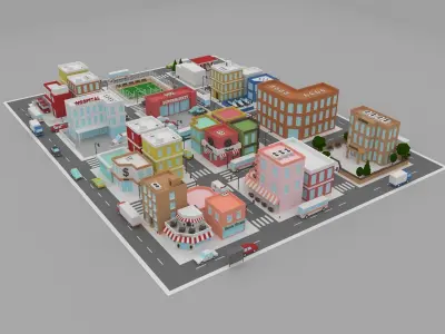 Low Poly City street with buildings and cars Low-poly 3D model
