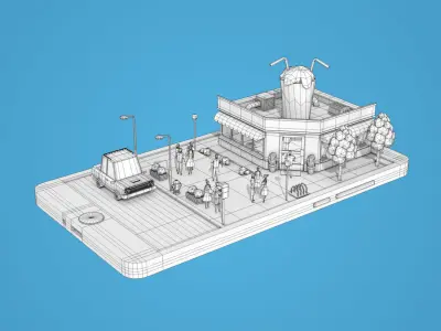 Cartoon Cocktail Cafe on Phone screen Low-poly 3D model