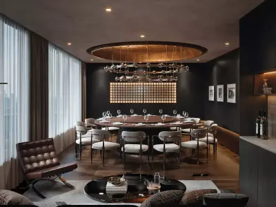 Luxury Private Dining Lounge with Round Table and Chandelier 3D model