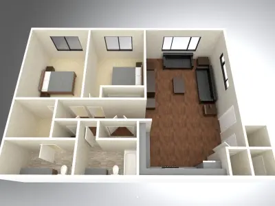 2 Bedroom 2 bathroom apartment unit model modern architectural  Low-poly 3D model