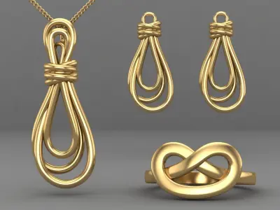 Knot set gold jewelry with infinity necklace and ring 3D print model