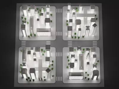 Paper City Block with Streets - Night Town Low-poly 3D model