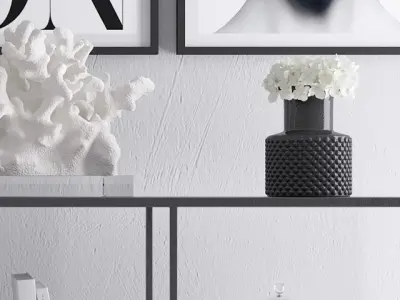 Decoration set three framed pictures on shelf with potted plant 3D model