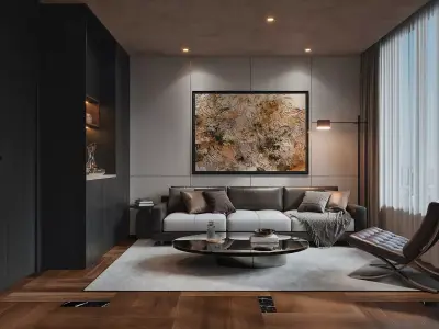 Luxury Private Dining Lounge with Round Table and Chandelier 3D model