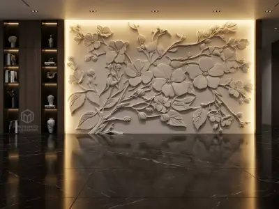 Modern Floral Relief Panel Wall Decor Set STL Mural CNC 323  3D model