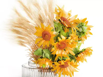 Beautiful bouquet yellow wild flowers wheat ears sunflower 607 3D model