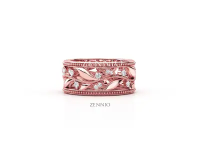 ZR002 rose gold band with diamonds and leaves 3D print model