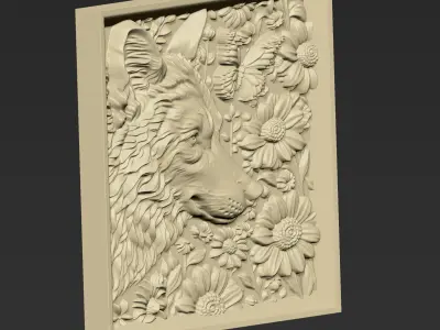 Wolf Head and Flowers A52 3D print model