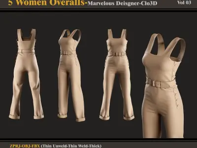 5 Women Overalls -Md-Clo3D - FBX - OBJ 3D model