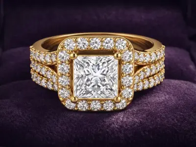 Princess Diamond Halo Engagement Ring Bridal Set 3D print model