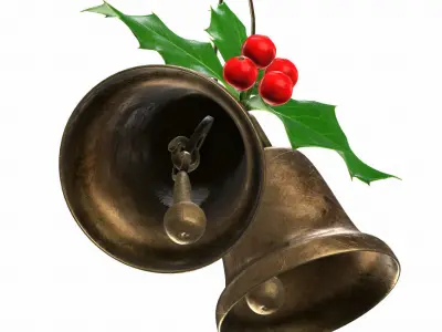 Holly berries with vintage christmas brass bells PBR 3D model 3D model