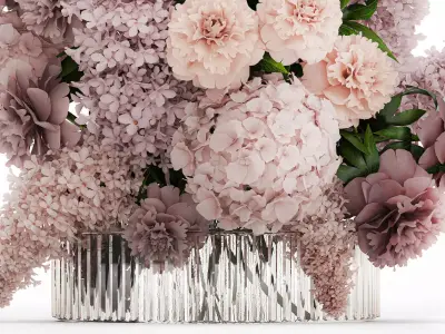 Bouquet in a glass vase flowers peony lilacs hydrangea 600 3D model