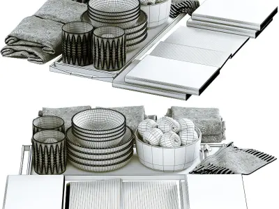 Decor set of books and bowls on tray Low-poly 3D model