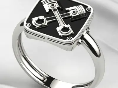 Crossed Pistons Silver Gold Ring with Enamel 3D print model