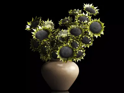 Realistic bouquet green sunflowers ceramic vase decor new 3D model