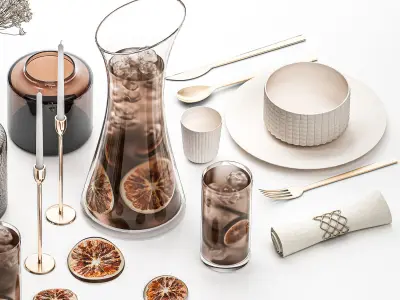 Table Setting With Bouquet And Carafe Of Iced Tea 3D model