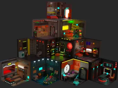 Low Polyt Sci-fi Rooms Interiors Low-poly 3D model