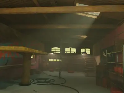 Garage room in warehouse with graffiti on walls 3D model