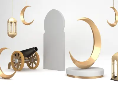 Ramadan Set golden cannon and crescent moon 3D model