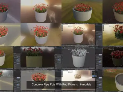 Concrete Pipe Pots With Red Flowers 3D Model Collection