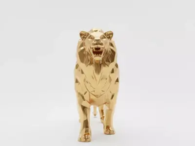 Gold Lion Sculpture 3D Geometric Animal Art Modern Design Low-poly 3D model