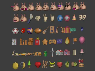 Cartoon Icons Pack - Smiley Sport Music Business IT Game Food AD Low-poly 3D model