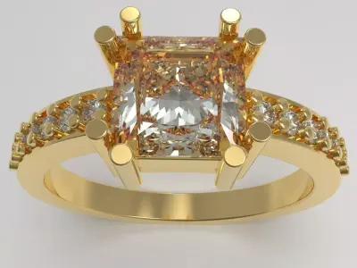 Engagement ring with princess cut gem  3D print model