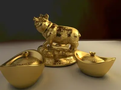 Chinese gold ingot with golden pig 3D model