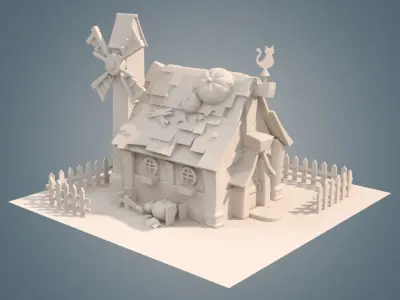 house with pumpkins and windmill 3D model