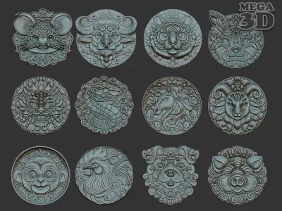 12 Chinese zodiac animals Basrelief Pack 240703 3D Model Collection
