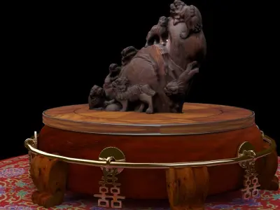 Chinese lion  wood root carving sculpture  3D model