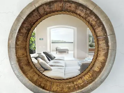 Vintage Wood Barrel Bowl Mirror 3D model