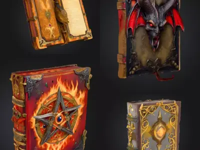 Grimoire Magic book 3D model Bundle of 4 Low-poly 3D model