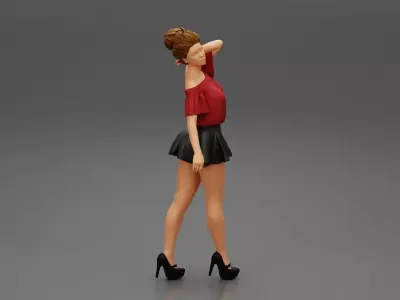 Girl walking wrearing a mini leather skirt and shirt 3D print model
