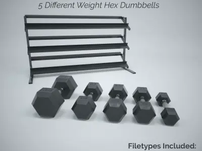 Hex Dumbbell Set and Rack Low-poly 3D model