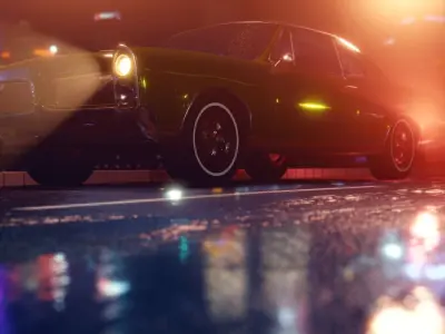 Vintage car on a wet road 3D model