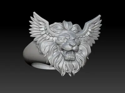 3D Printed Model of Lion Head Ring with Wings 3D print model